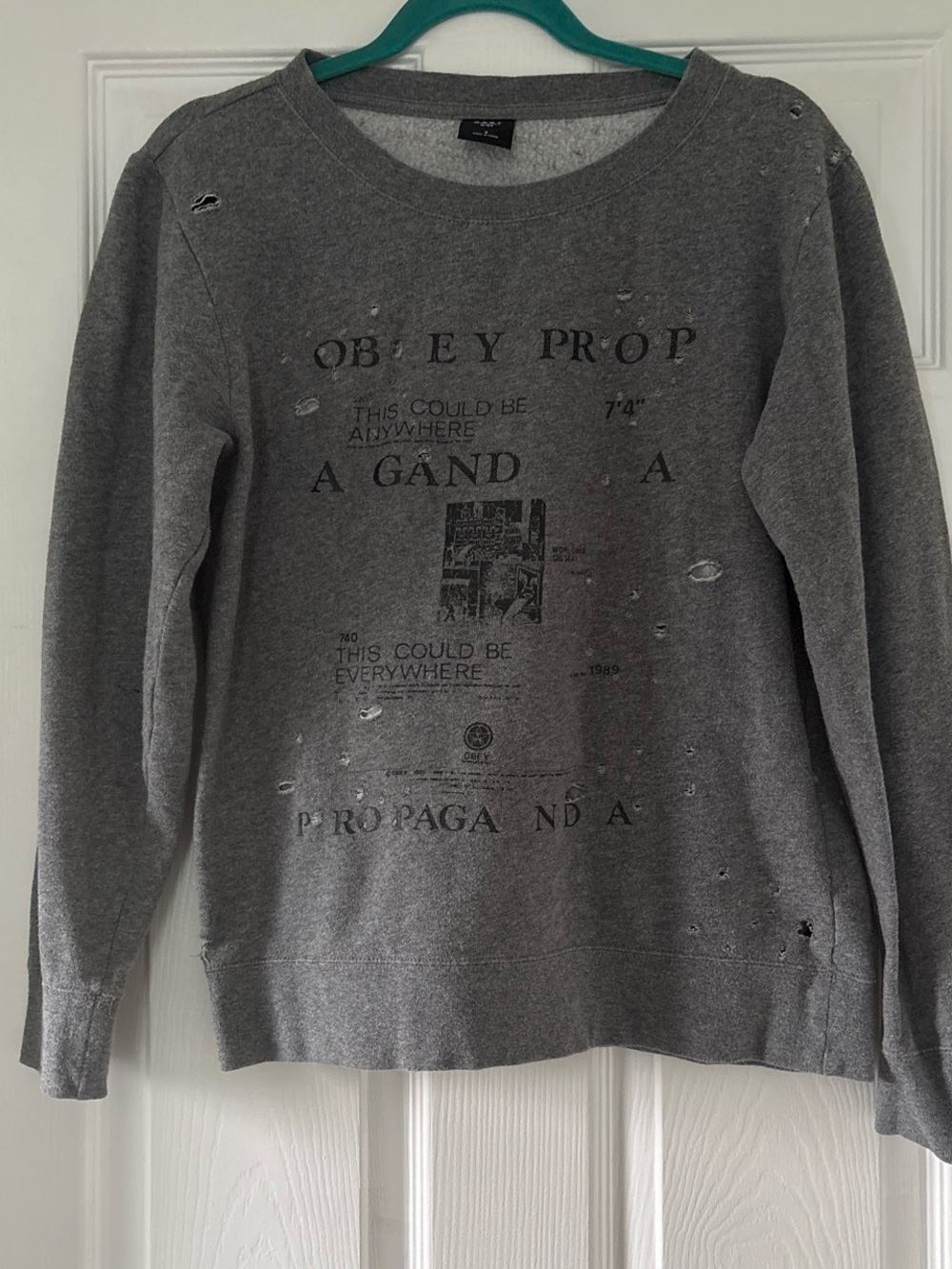 Obey Men's Gray Distressed Graphic Crewneck Sweater